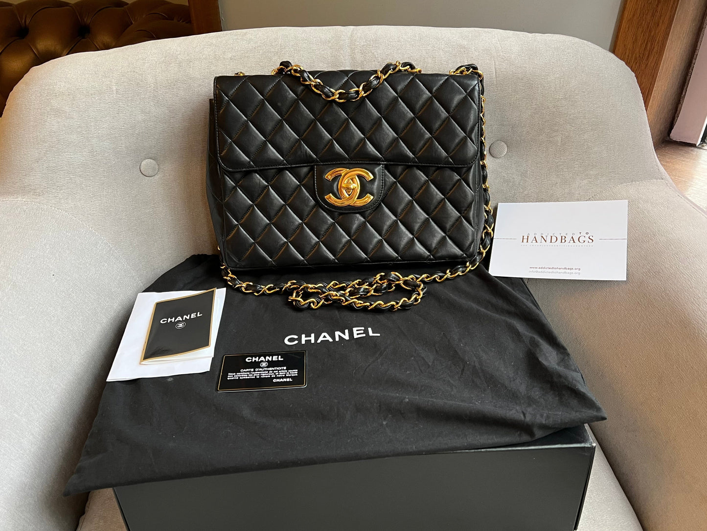 Chanel Vintage Classic Quilted Single Flap Jumbo in Black Lambskin with 24k Gold Hardware