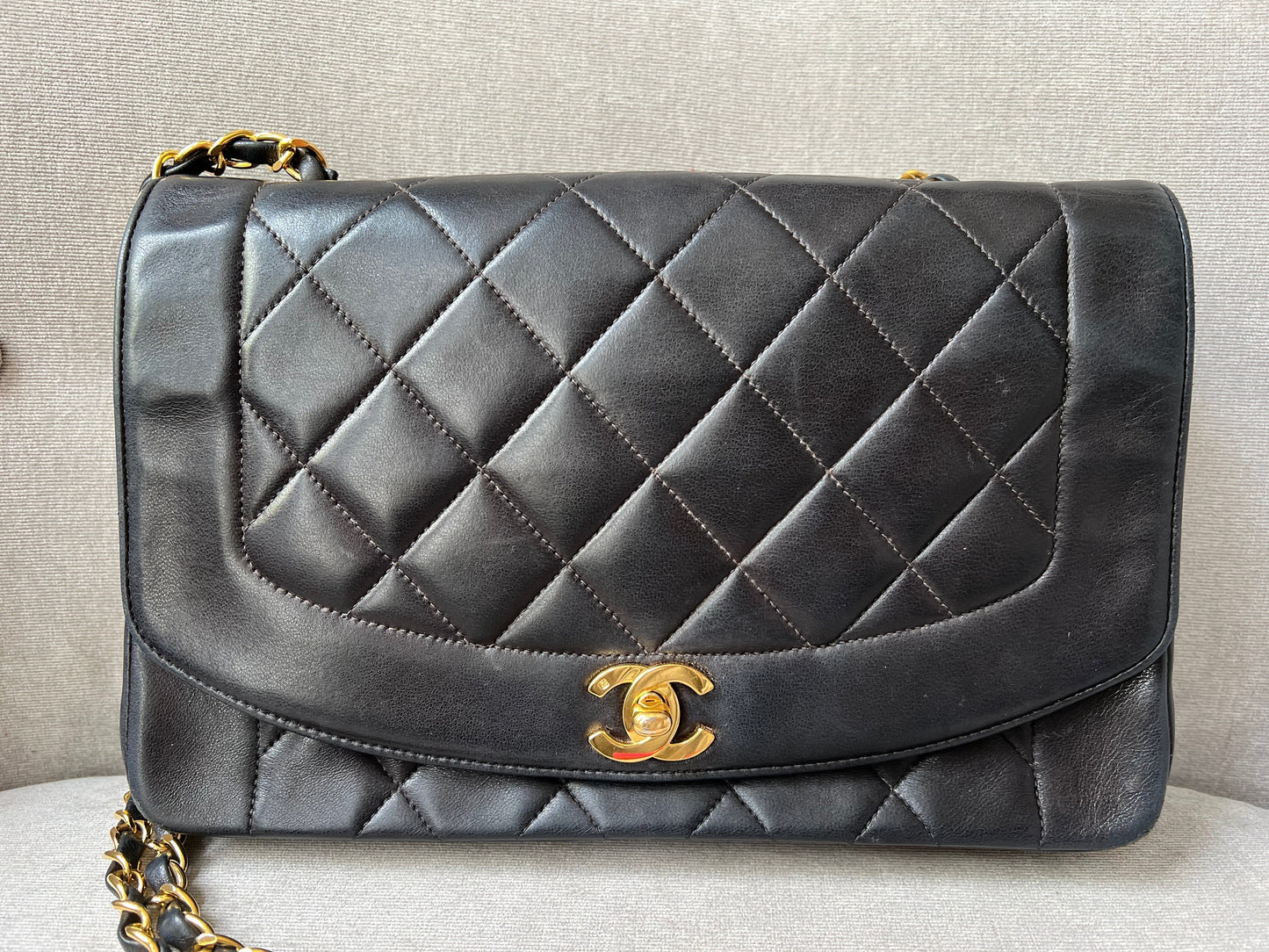 Chanel Vintage Diana Flap Bag in Black Lambskin with 24k Hardware