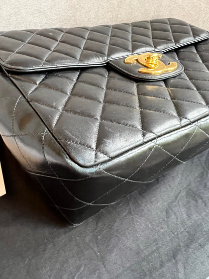 Chanel Vintage Classic Quilted Single Flap Jumbo in Black Lambskin with 24k Gold Hardware