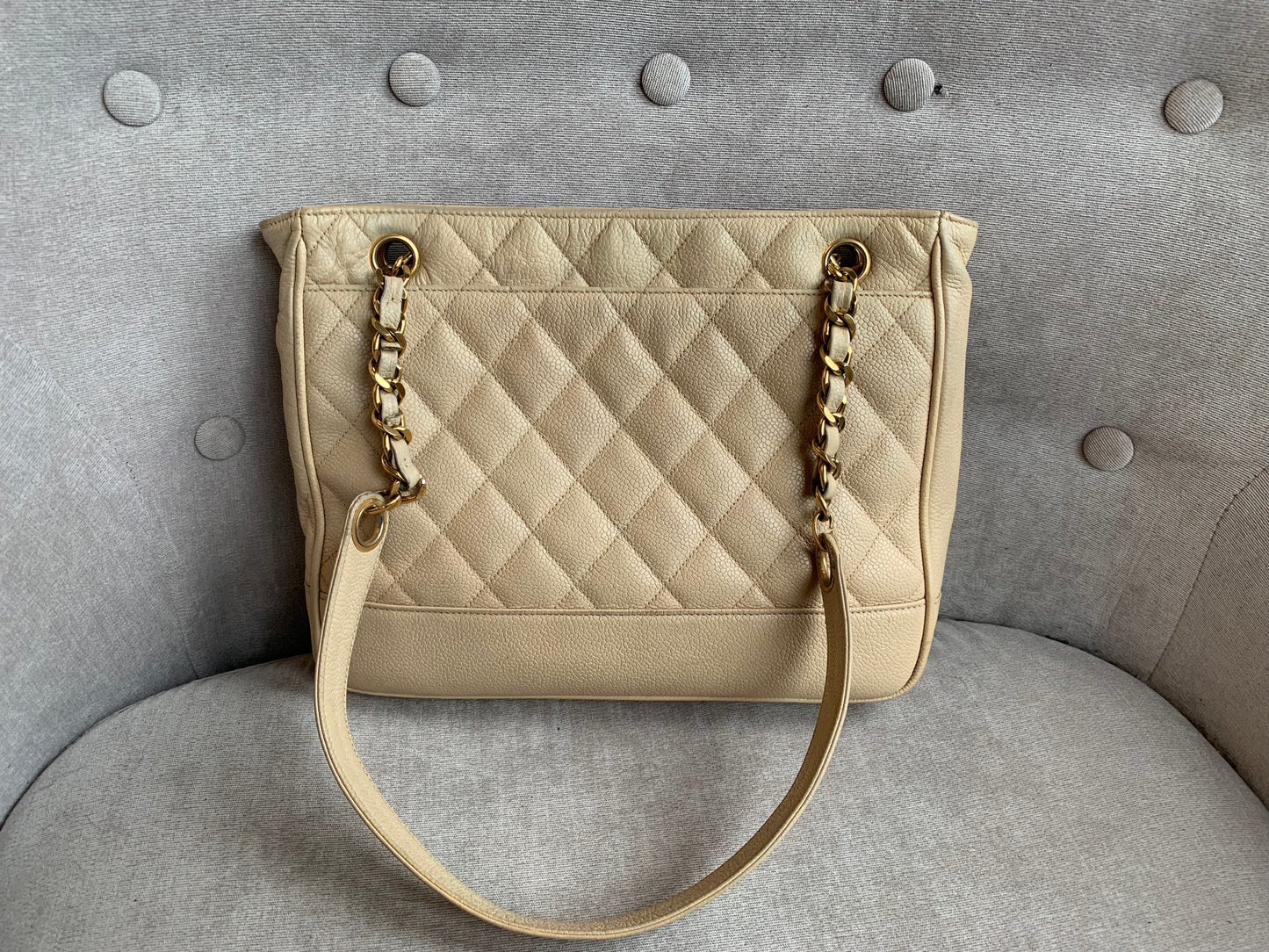 Chanel Vintage Beige Caviar Chain Tote