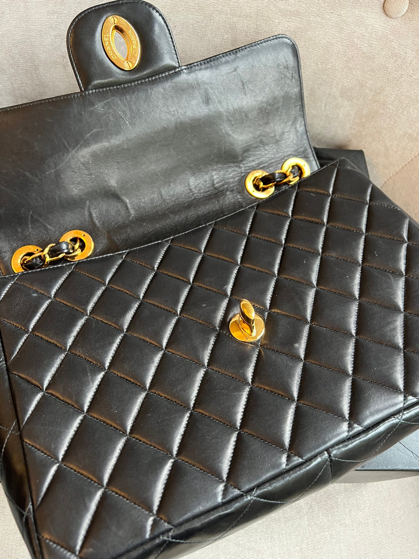 Chanel Vintage Classic Quilted Single Flap Jumbo in Black Lambskin with 24k Gold Hardware