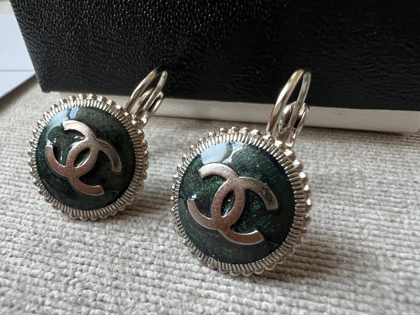 Chanel CC Green Medallion Dangle Earrings