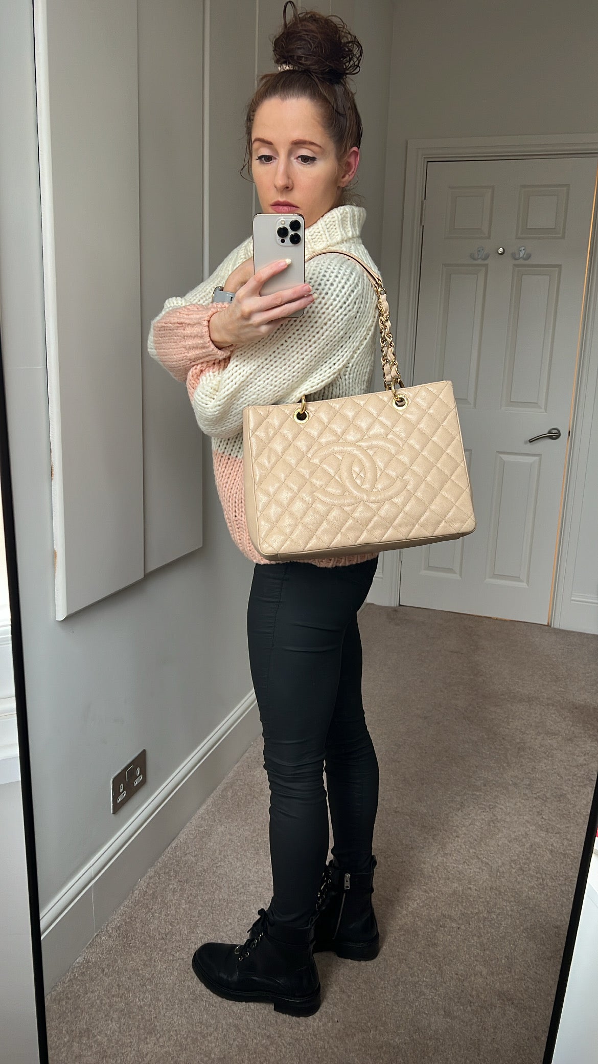 Chanel Beige Caviar Grand Shopper Tote with gold hardware (GST)