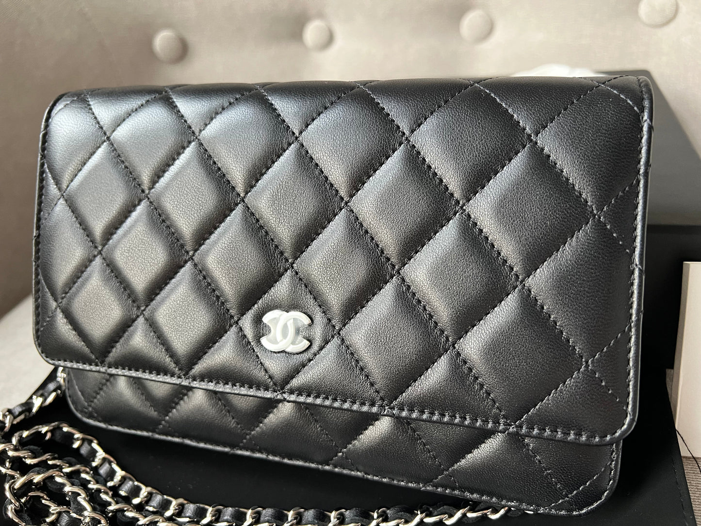 Chanel Black Lambskin Wallet on Chain with silver hardware