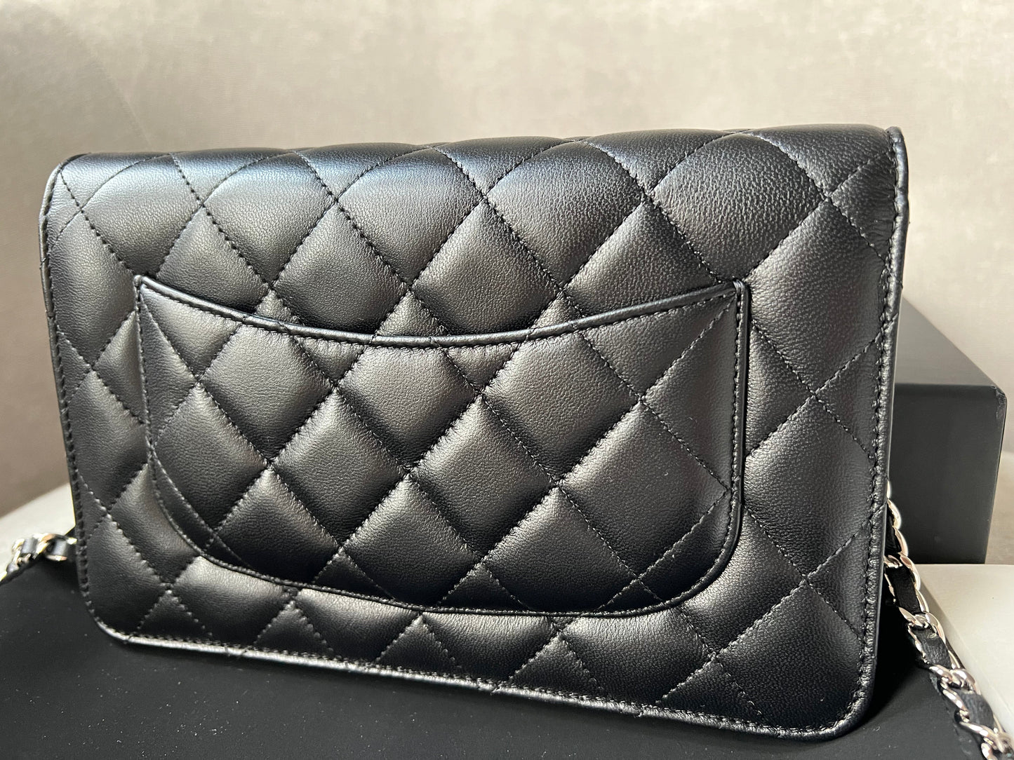 Chanel Black Lambskin Wallet on Chain with silver hardware