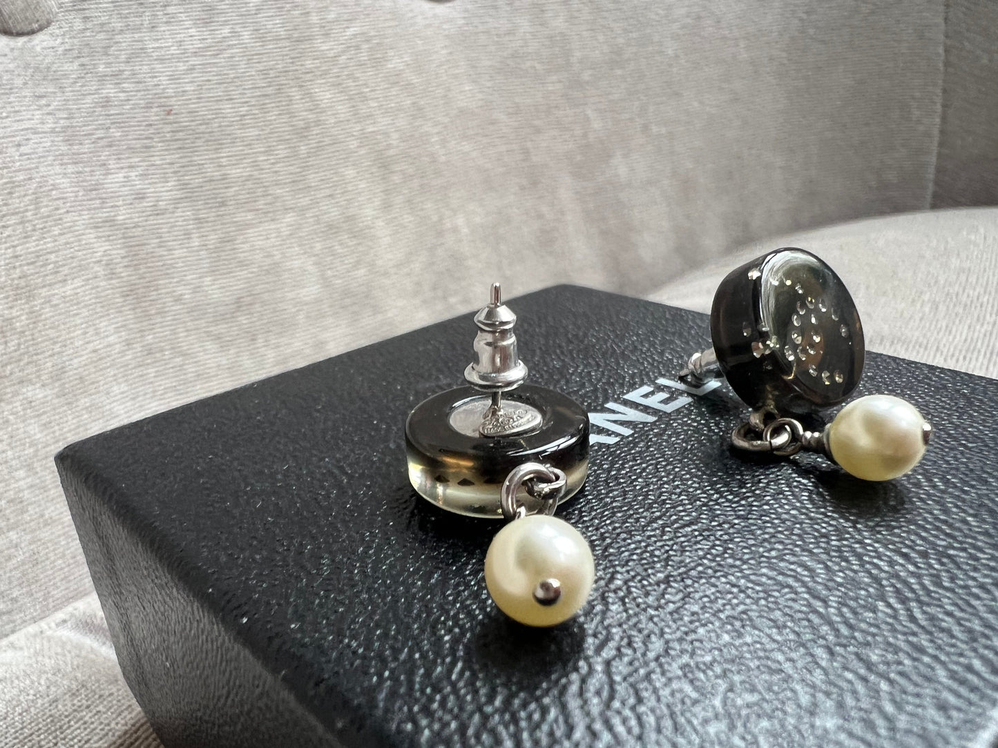 Chanel Black CC Pearl Drop Earrings