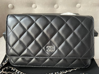 Chanel Black Lambskin Wallet on Chain with silver hardware