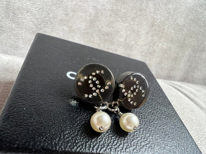 Chanel Black CC Pearl Drop Earrings