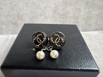 Chanel Black CC Pearl Drop Earrings