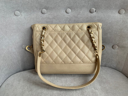 Chanel Vintage Beige Caviar Chain Tote