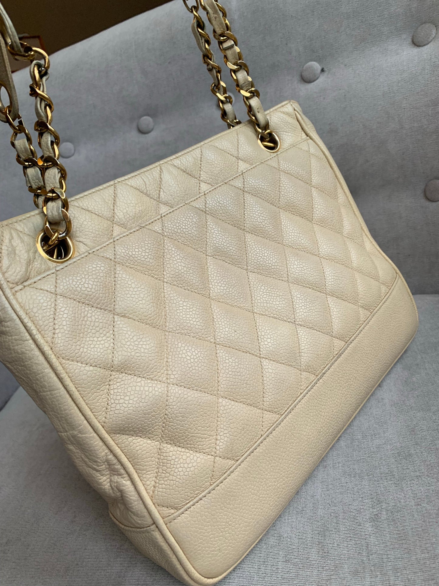 Chanel Vintage Beige Caviar Chain Tote