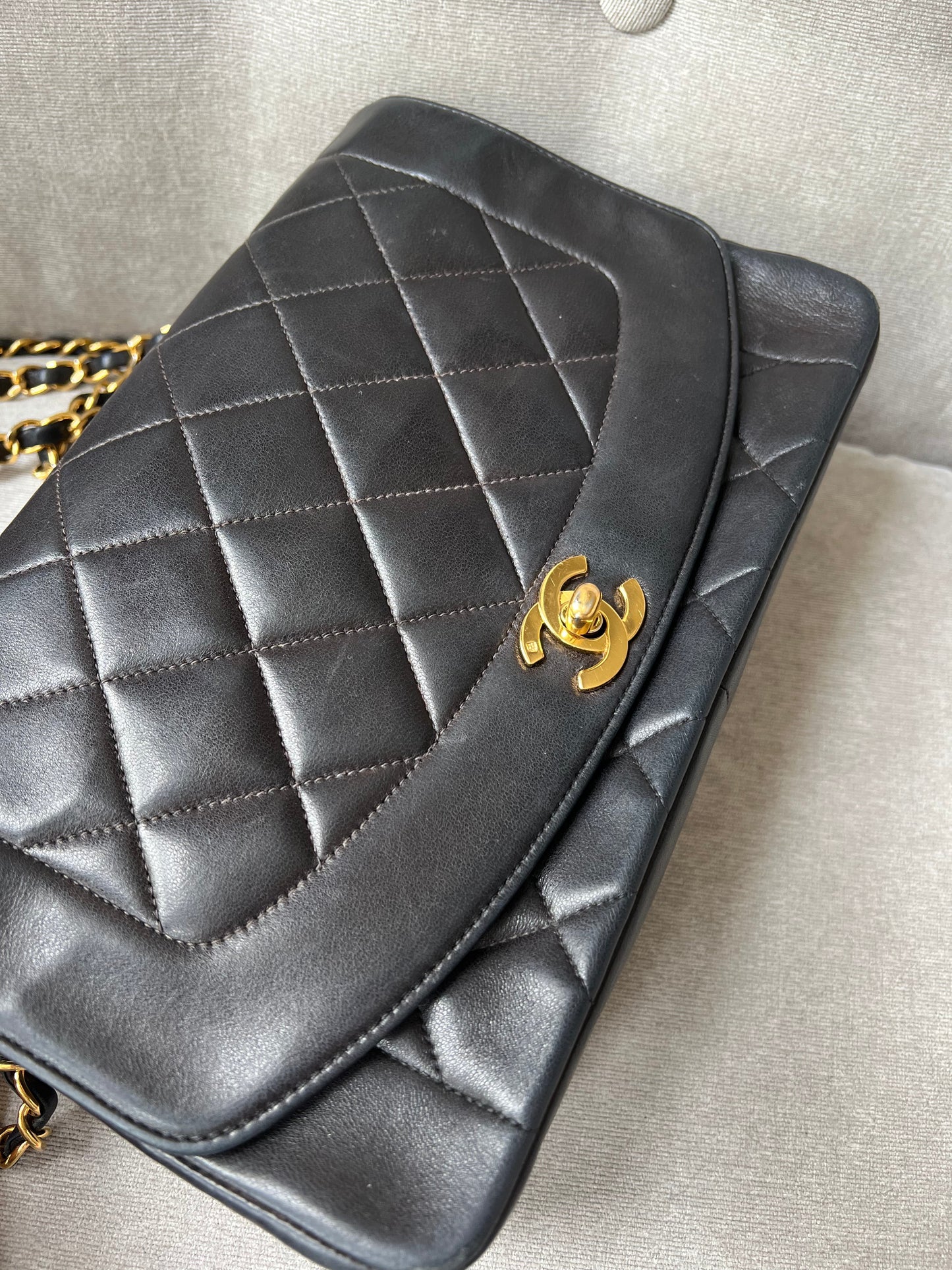 Chanel Vintage Diana Flap Bag in Black Lambskin with 24k Hardware