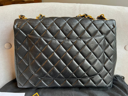 Chanel Vintage Classic Quilted Single Flap Jumbo in Black Lambskin with 24k Gold Hardware