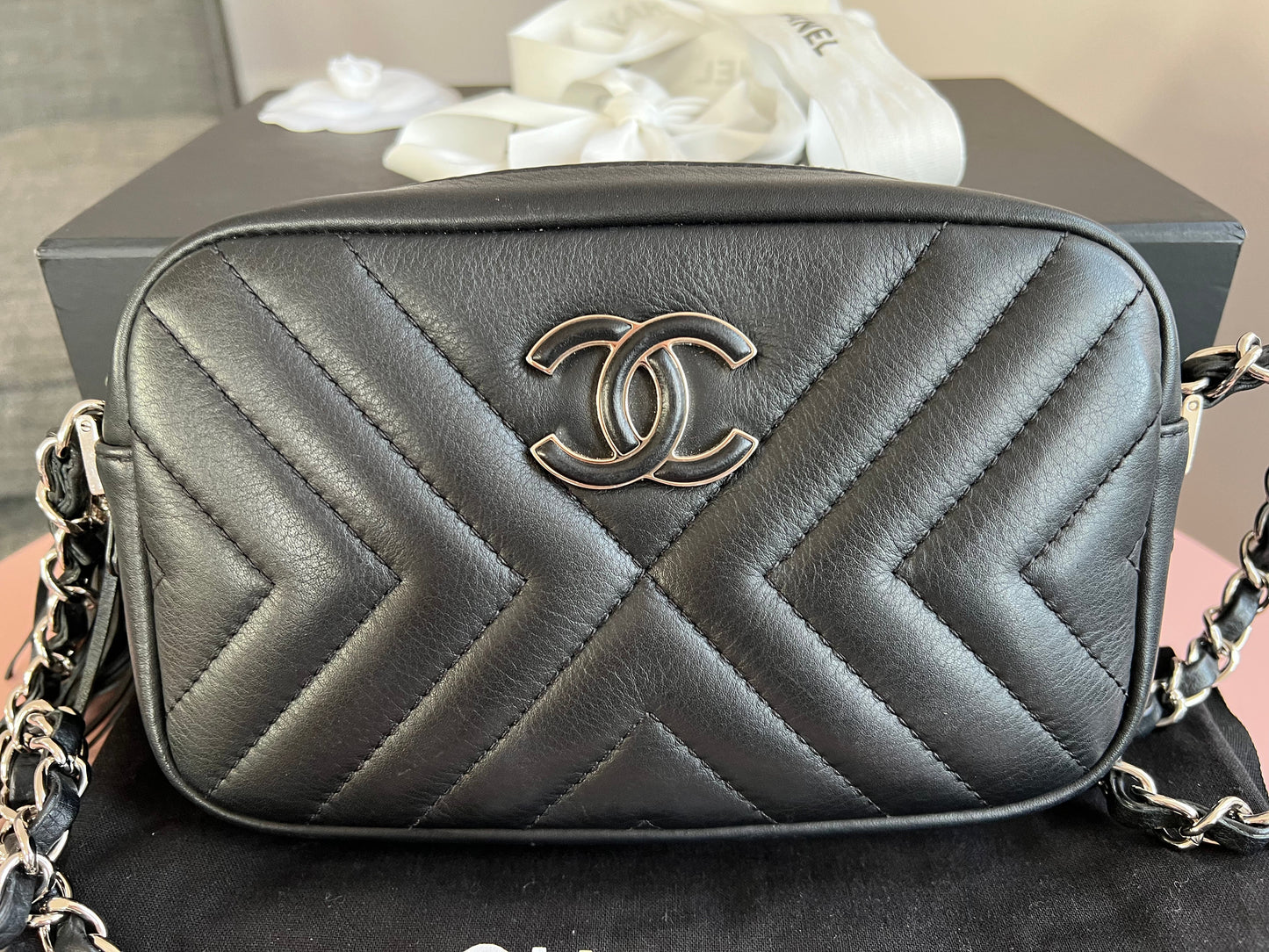 Chanel Black Chevron Camera Bag