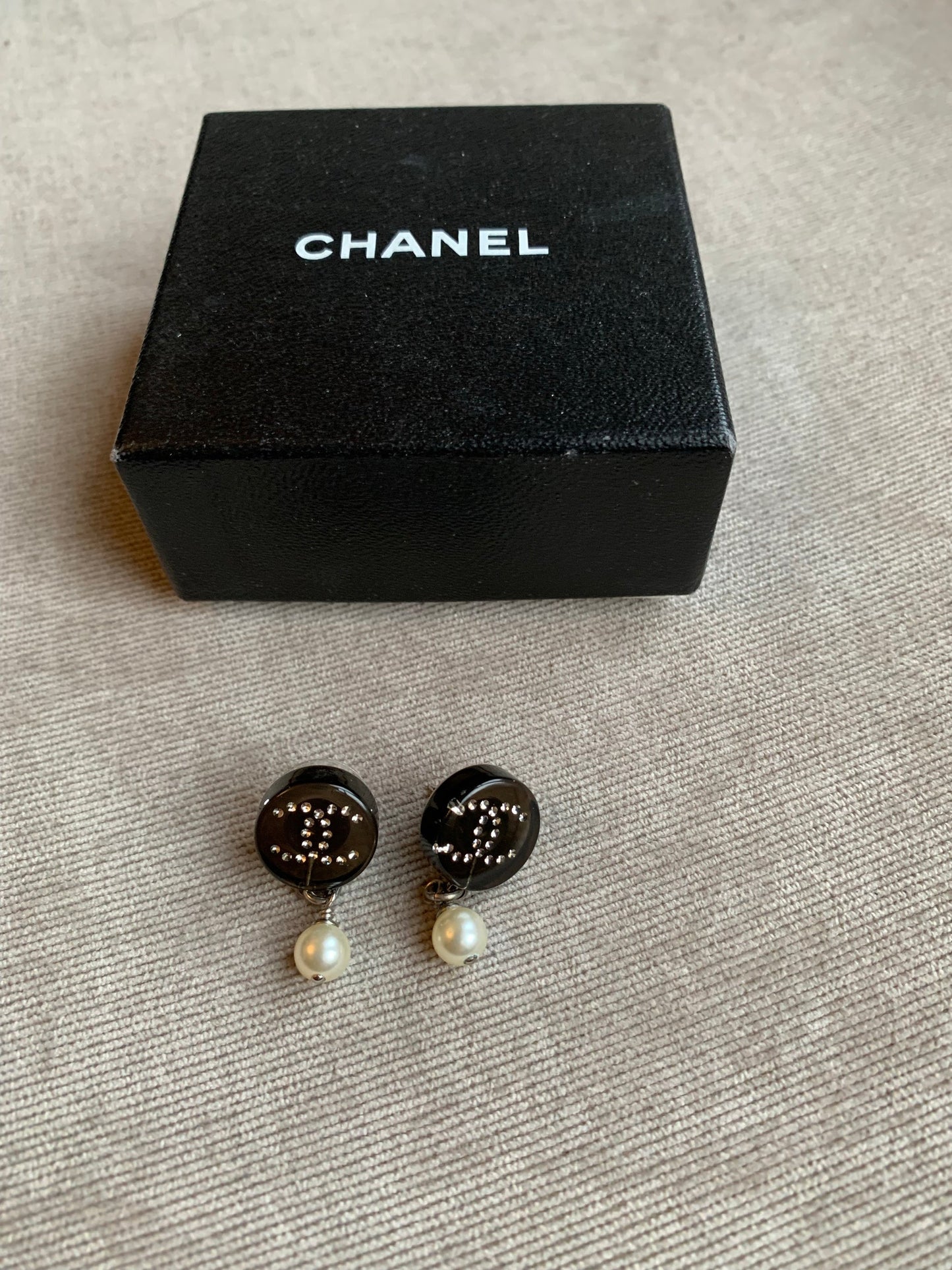 Chanel Black CC Pearl Drop Earrings