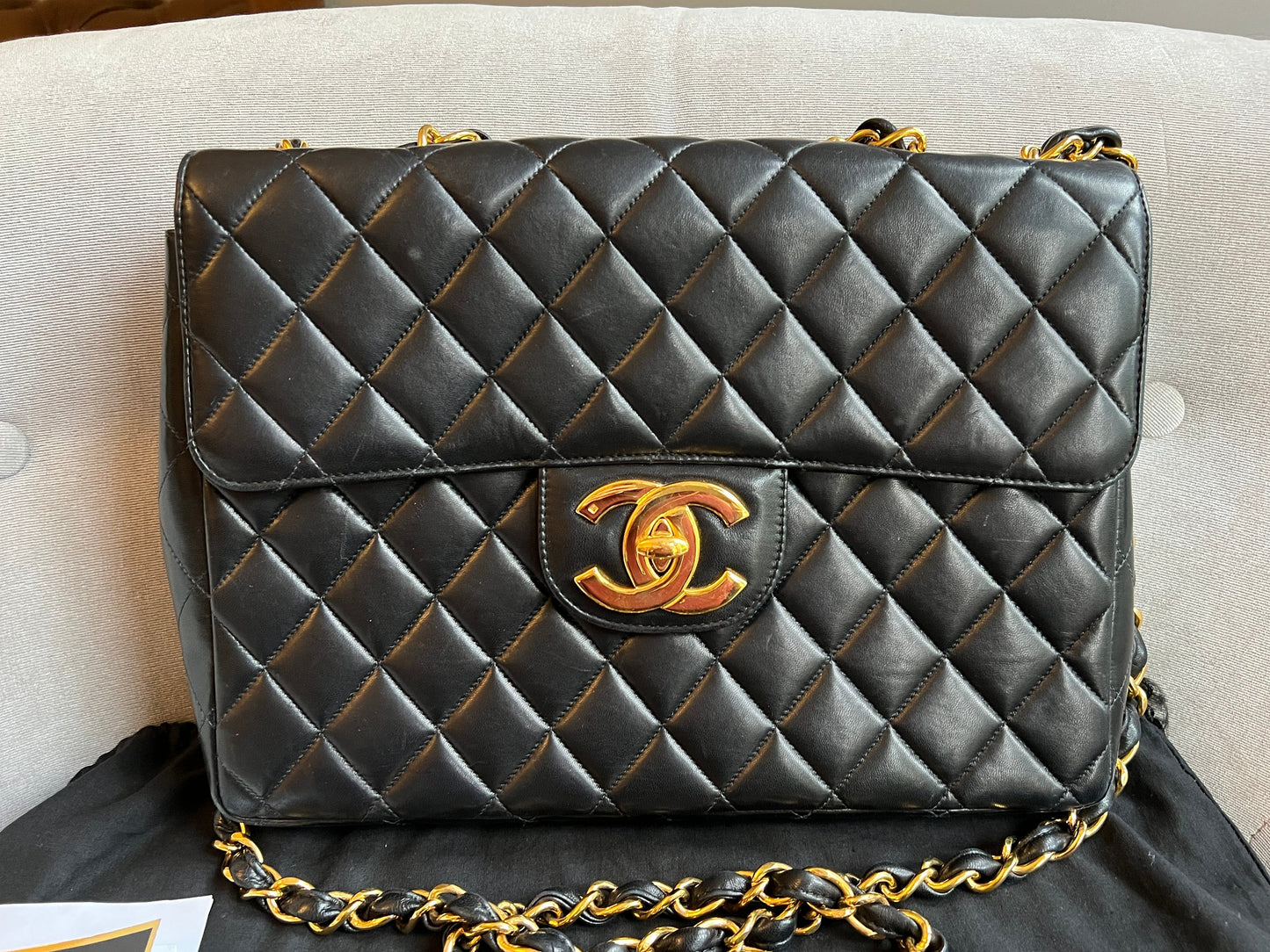 Chanel Vintage Classic Quilted Single Flap Jumbo in Black Lambskin with 24k Gold Hardware