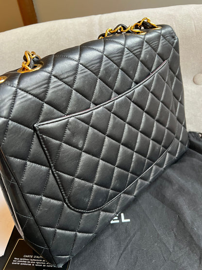 Chanel Vintage Classic Quilted Single Flap Jumbo in Black Lambskin with 24k Gold Hardware