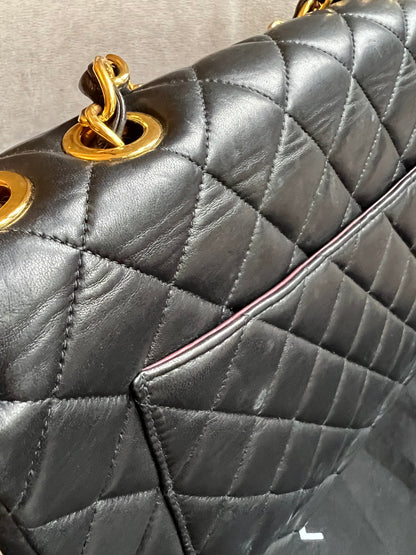 Chanel Vintage Classic Quilted Single Flap Jumbo in Black Lambskin with 24k Gold Hardware