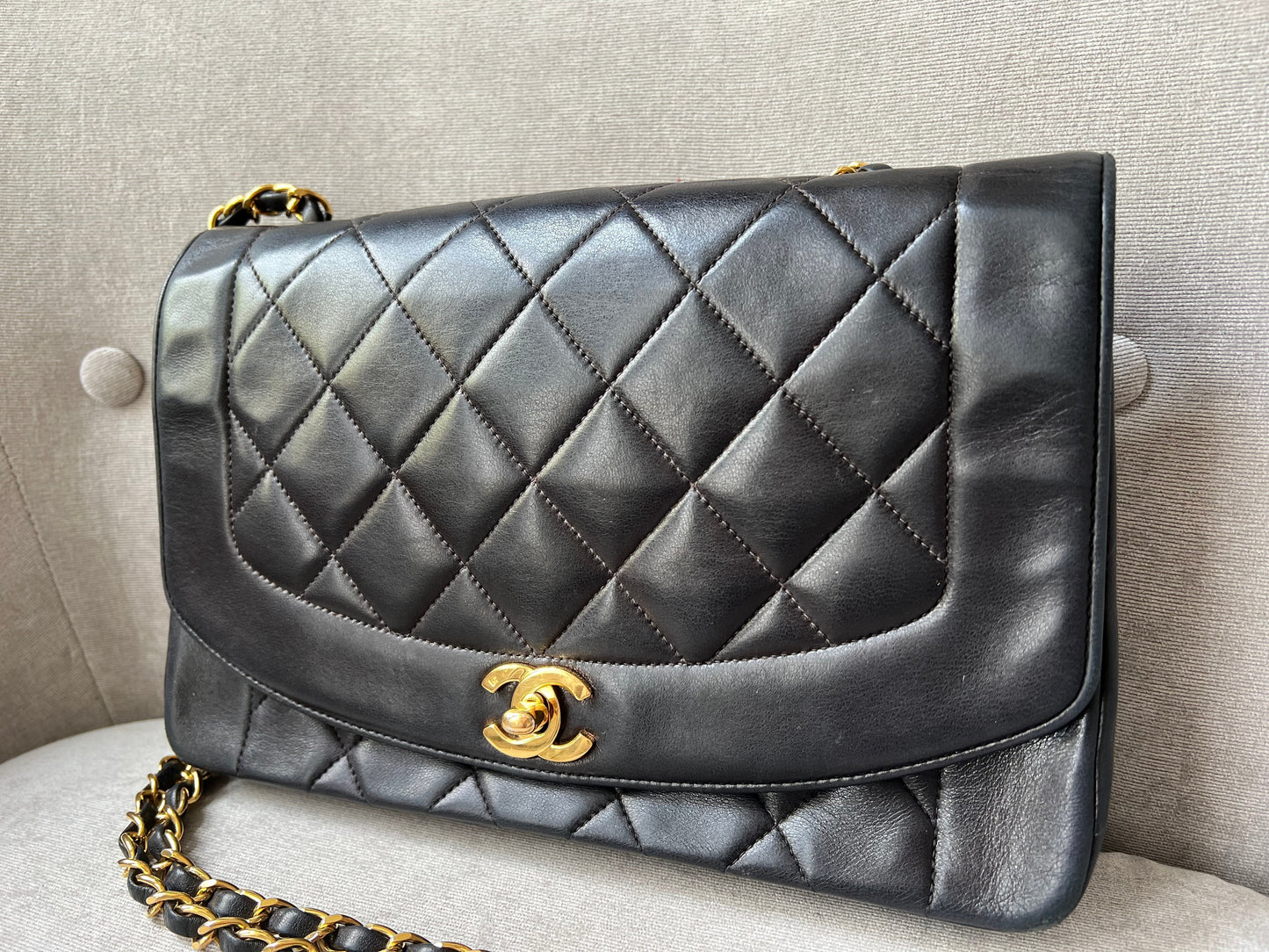 Chanel Vintage Diana Flap Bag in Black Lambskin with 24k Hardware