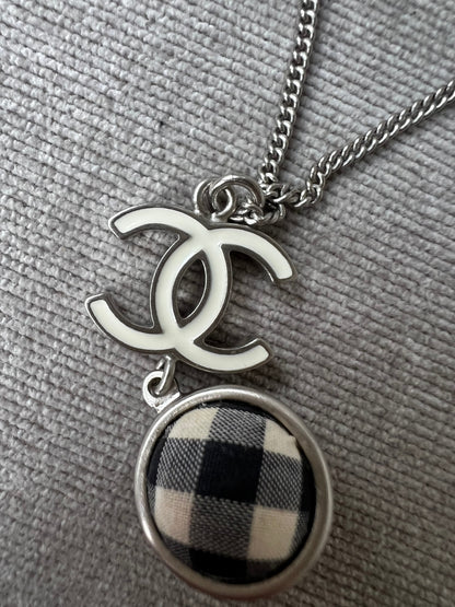 Chanel White Enamel CC Plaid / Check Ball Pendant Necklace