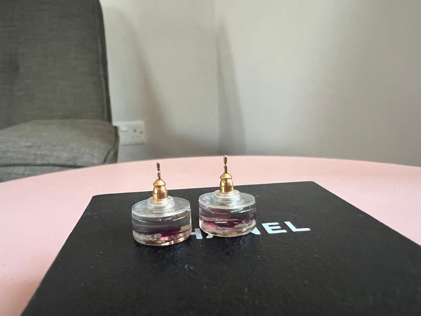 Chanel Pearlescent Resin Stud Earrings with CC Detail