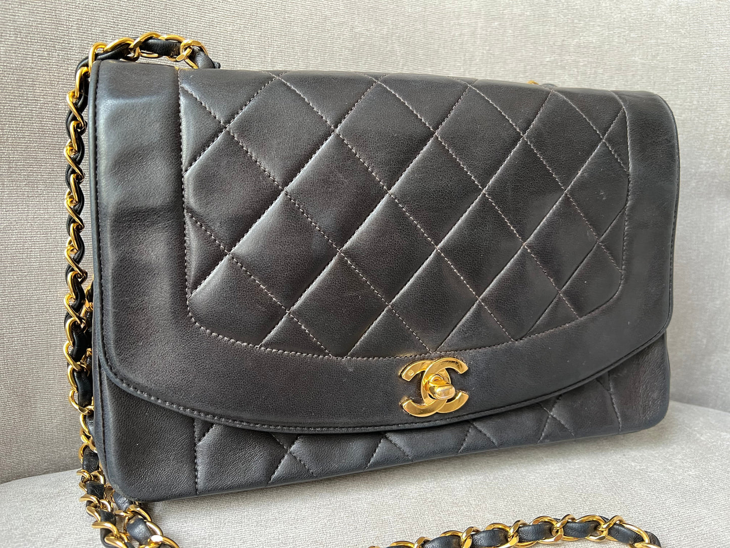 Chanel Vintage Diana Flap Bag in Black Lambskin with 24k Hardware