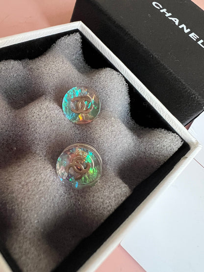 Chanel Pearlescent Resin Stud Earrings with CC Detail