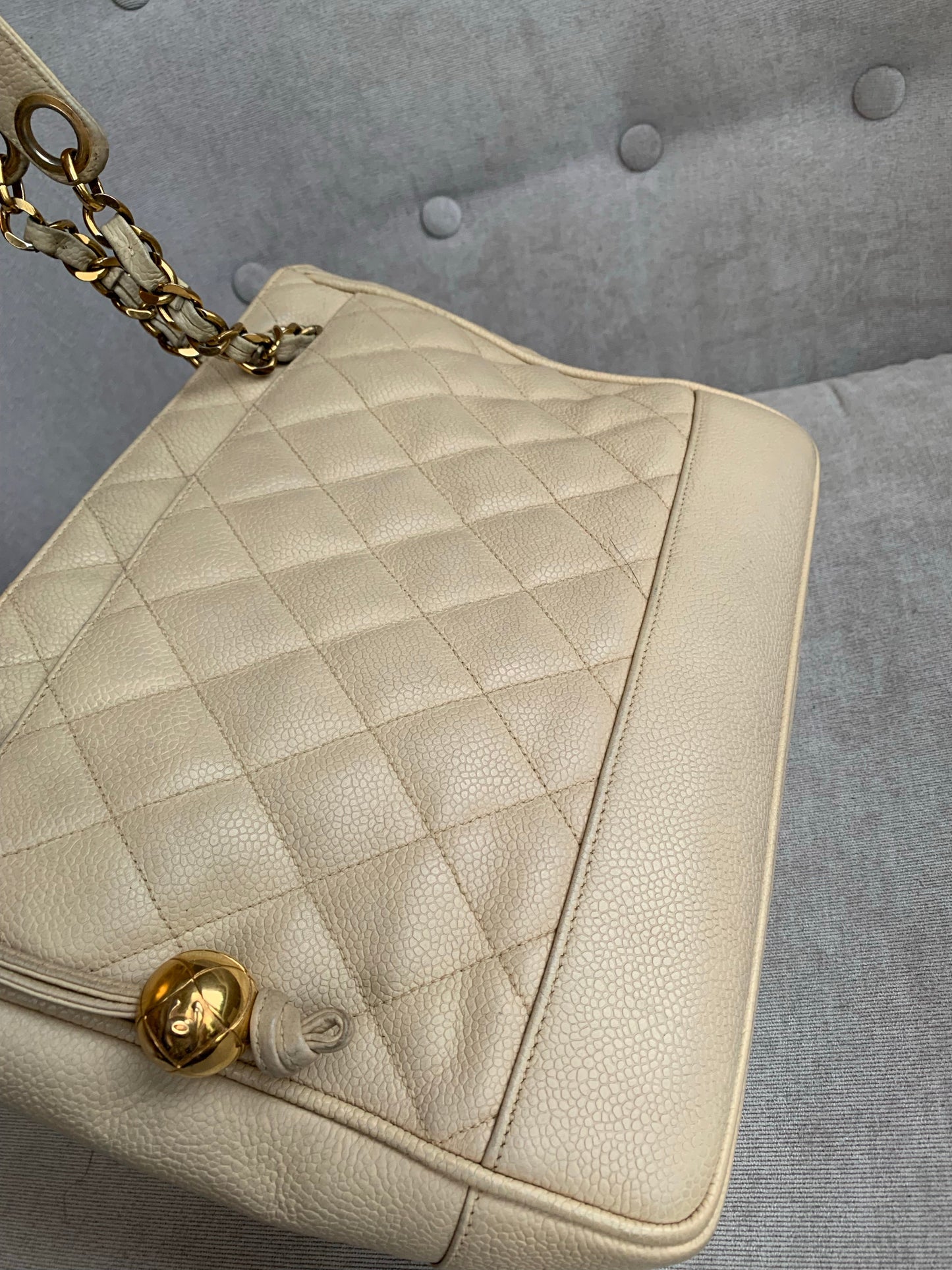 Chanel Vintage Beige Caviar Chain Tote