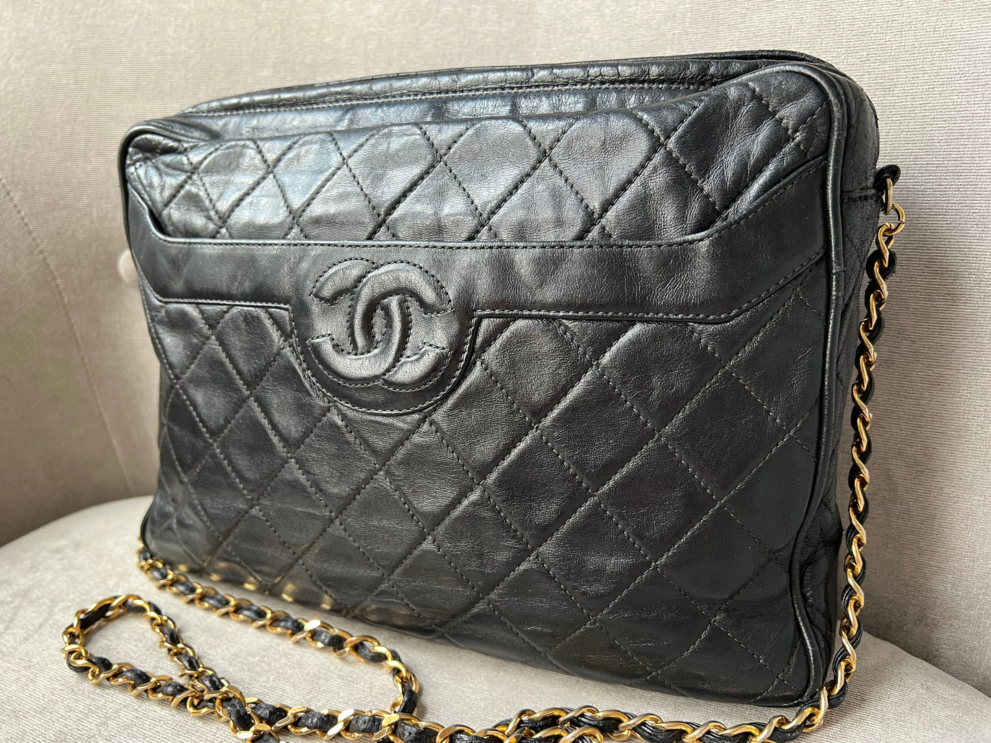 Chanel Vintage Black Lambskin Camera Bag with 24k Gold Hardware