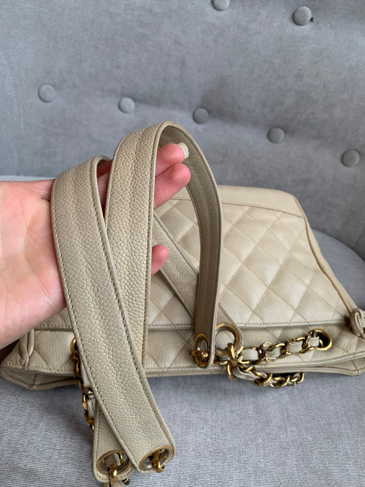 Chanel Vintage Beige Caviar Chain Tote