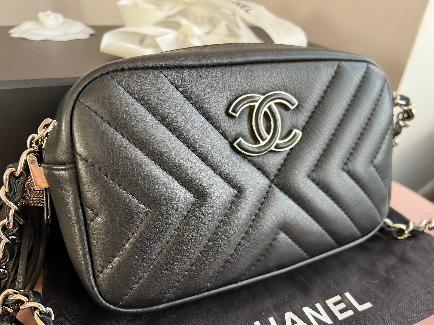 Chanel Black Chevron Camera Bag