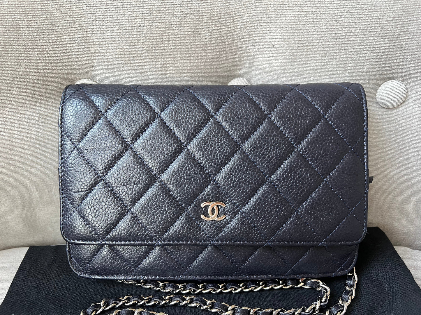 Chanel Navy Caviar Wallet on Chain With Silver Hardware