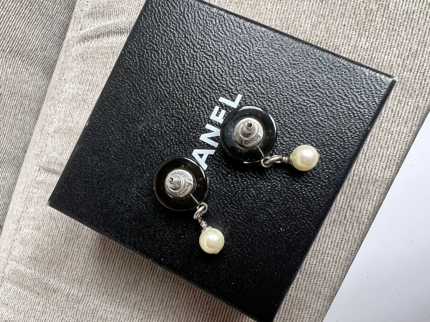 Chanel Black CC Pearl Drop Earrings