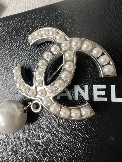 Chanel Pearl Studded CC Brooch with Drop Pearl