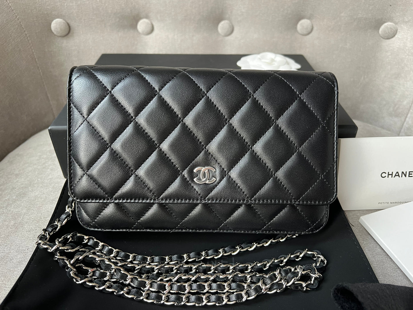 Chanel Black Lambskin Wallet on Chain with silver hardware