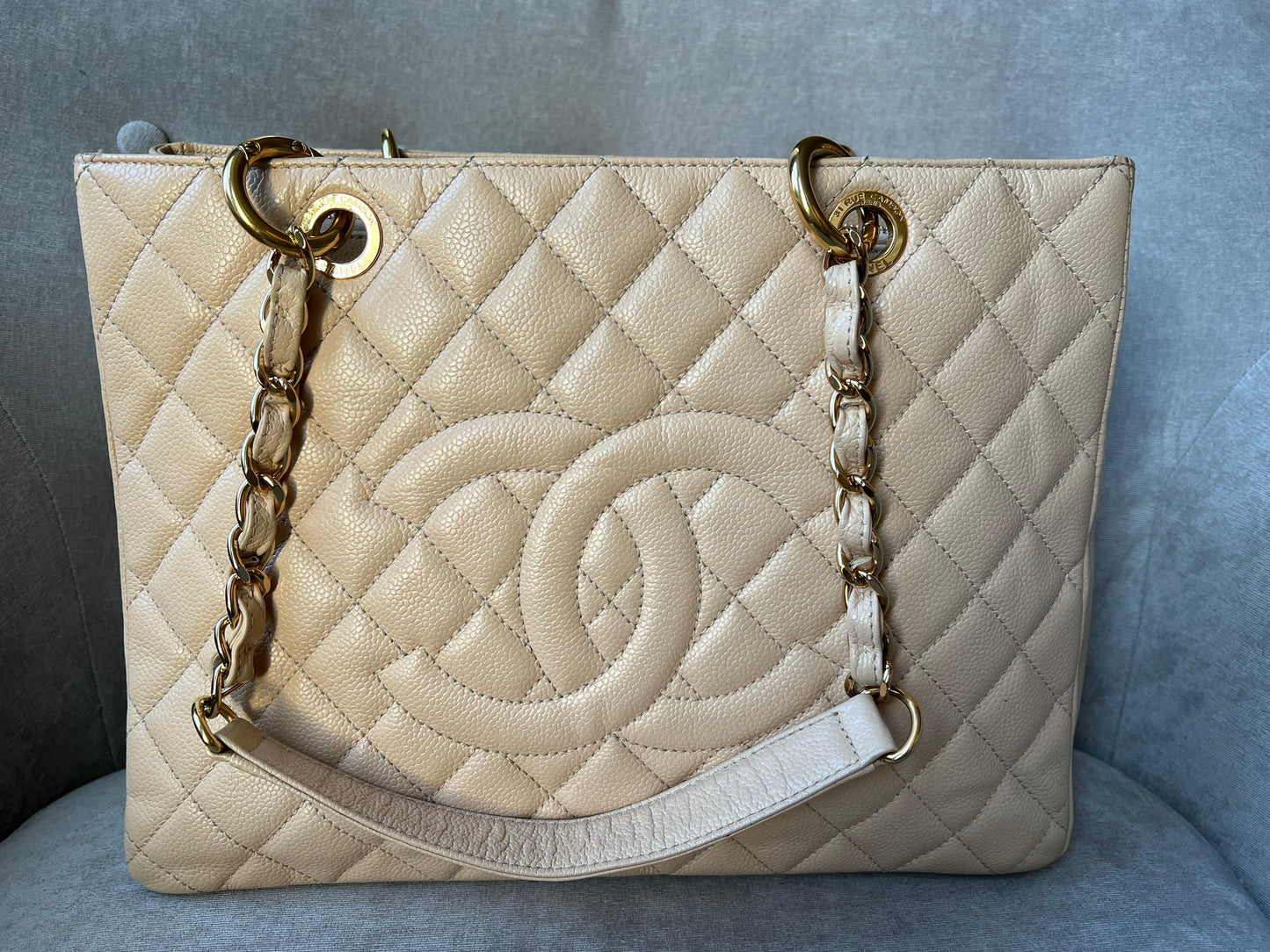 Chanel Beige Caviar Grand Shopper Tote with gold hardware (GST)