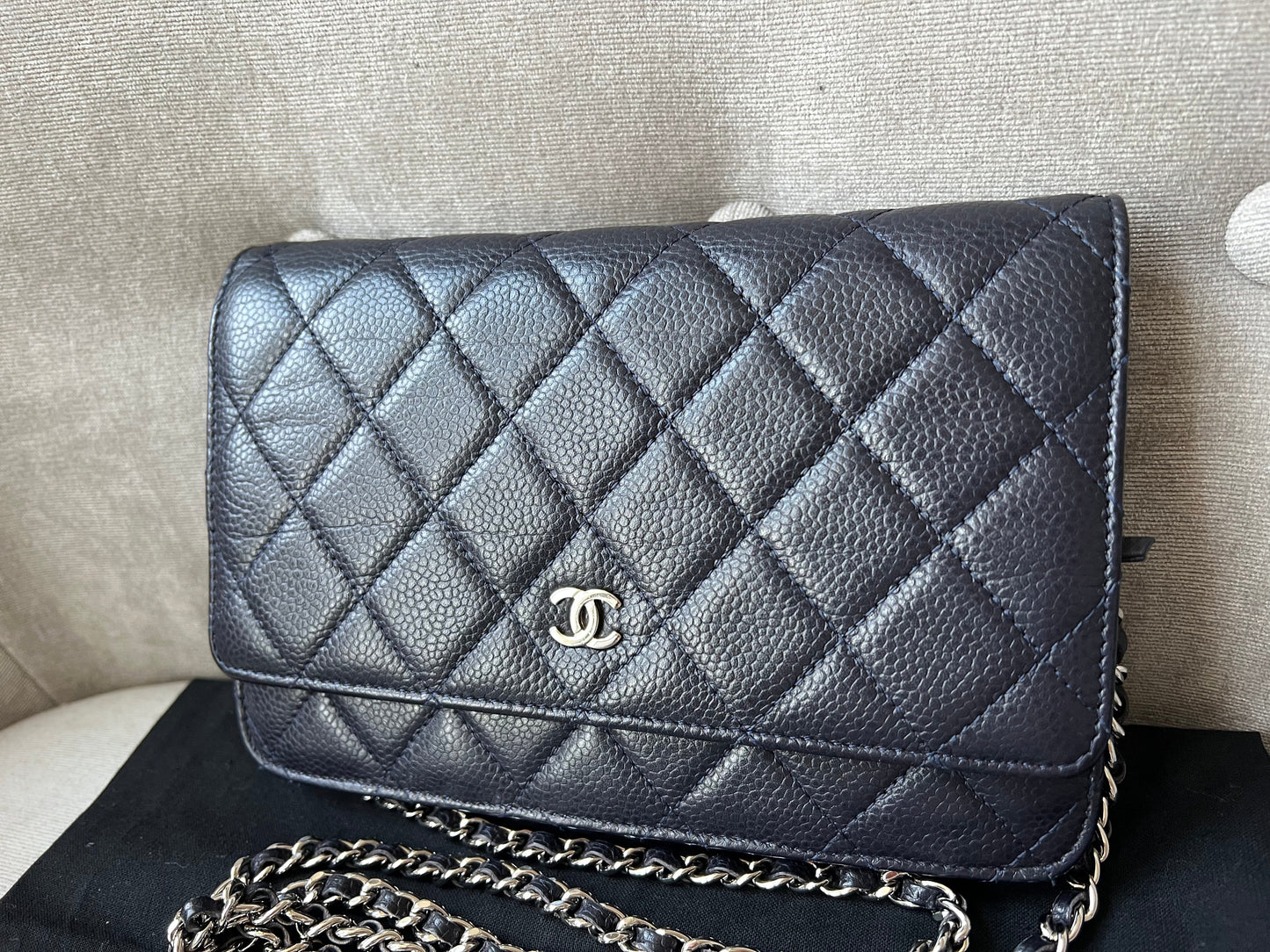 Chanel Navy Caviar Wallet on Chain With Silver Hardware