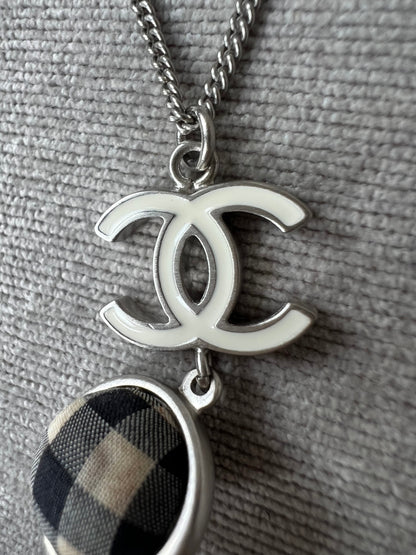 Chanel White Enamel CC Plaid / Check Ball Pendant Necklace