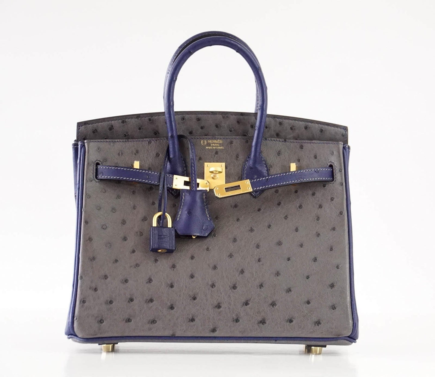 Hermes Birkin 25 Bag HSS Ostrich Gris Agate/Blue Sapphire Brushed Gold