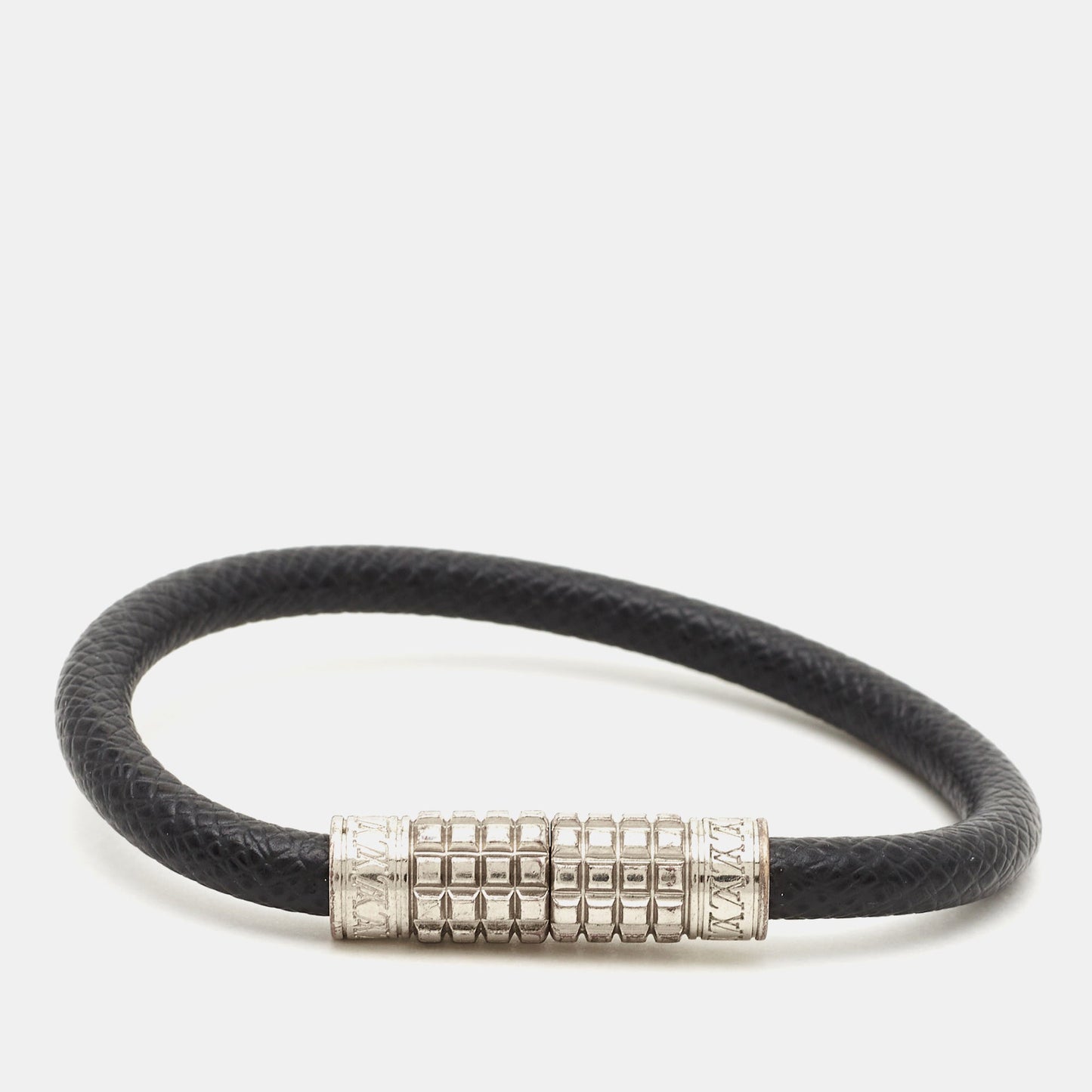 LOUIS VUITTON Digit Damier Ardoise Taiga Leather Silver Tone Bracelet