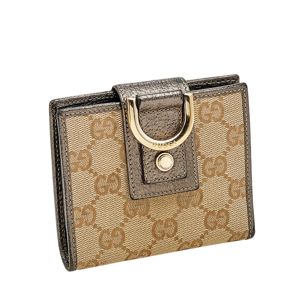 Gucci Beige/Pewter GG Canvas and Leather D Ring Compact Wallet