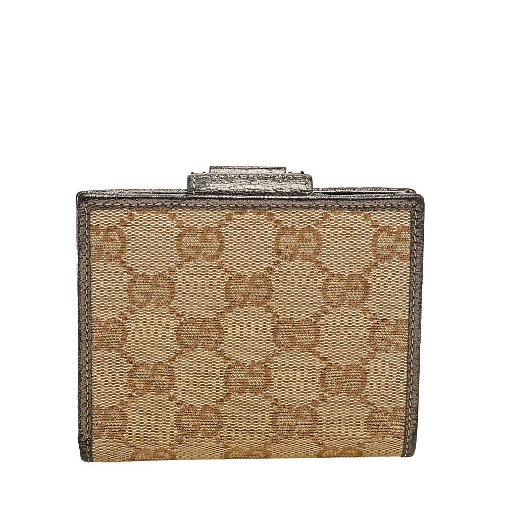 Gucci Beige/Pewter GG Canvas and Leather D Ring Compact Wallet