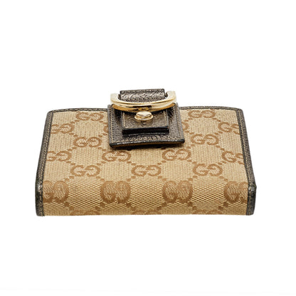 Gucci Beige/Pewter GG Canvas and Leather D Ring Compact Wallet