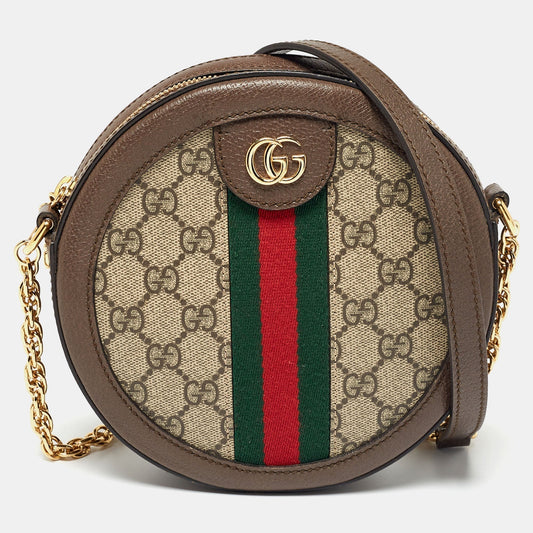 Gucci Brown GG Supreme Canvas and Leather Mini Ophidia Round Bag