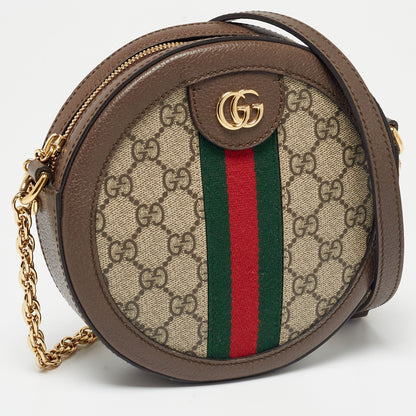 Gucci Brown GG Supreme Canvas and Leather Mini Ophidia Round Bag