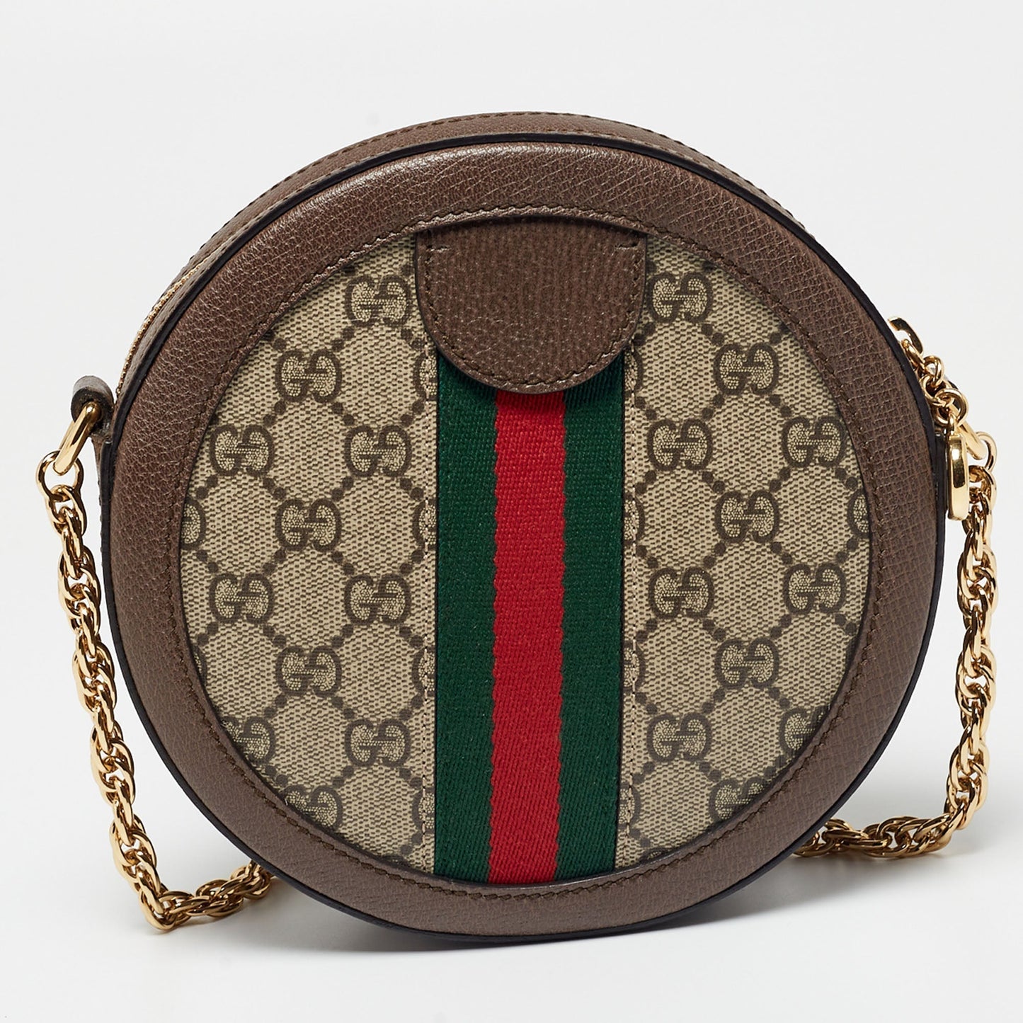 Gucci Brown GG Supreme Canvas and Leather Mini Ophidia Round Bag