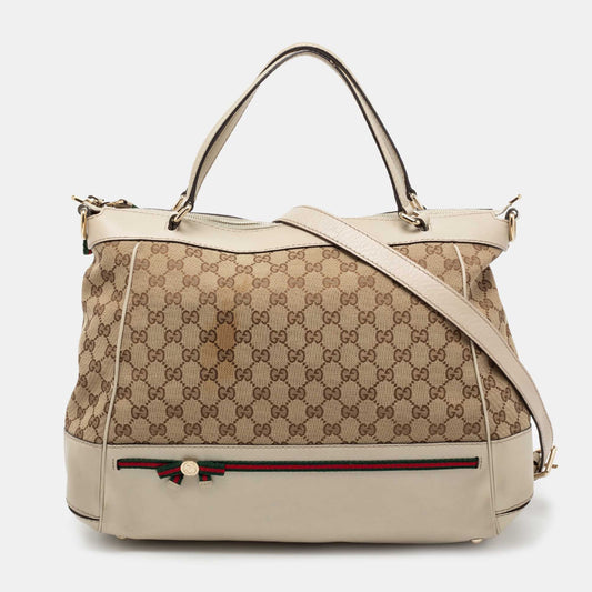 Gucci Beige/Off White GG Canvas and Leather Large Mayfair Bow Satchel