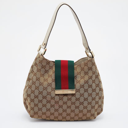 Gucci Beige/Brown GG Canvas And Leather Medium New Ladies Web Hobo