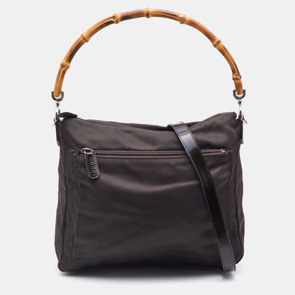 GUCCI Brown Nylon and Leather Bamboo Hobo