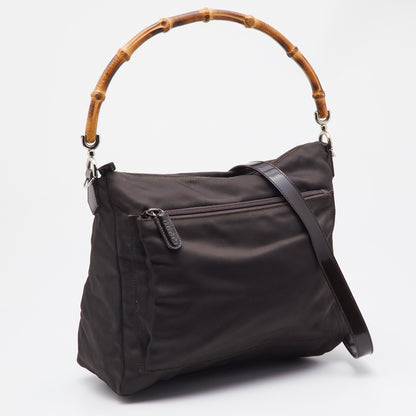 GUCCI Brown Nylon and Leather Bamboo Hobo